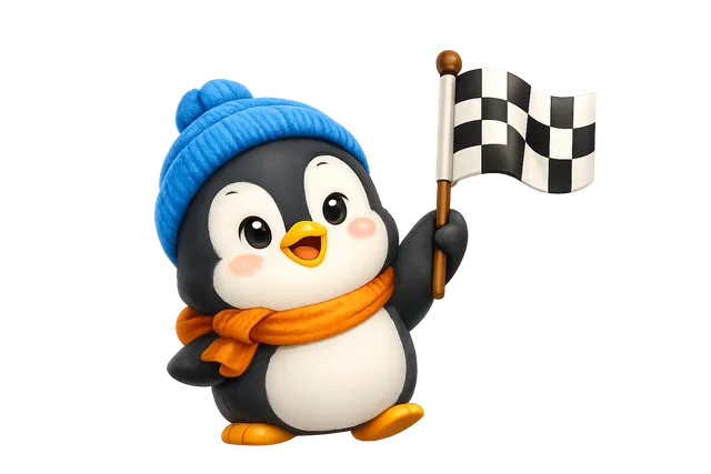 Yarış bayrağı tutan WordMates pengueni