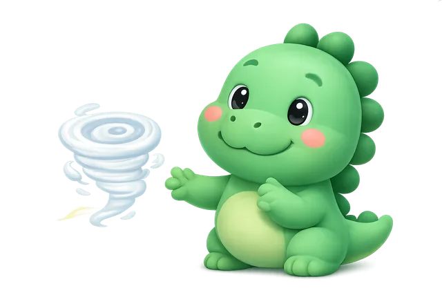 Hortumun yanında duran WordMates dinozoru