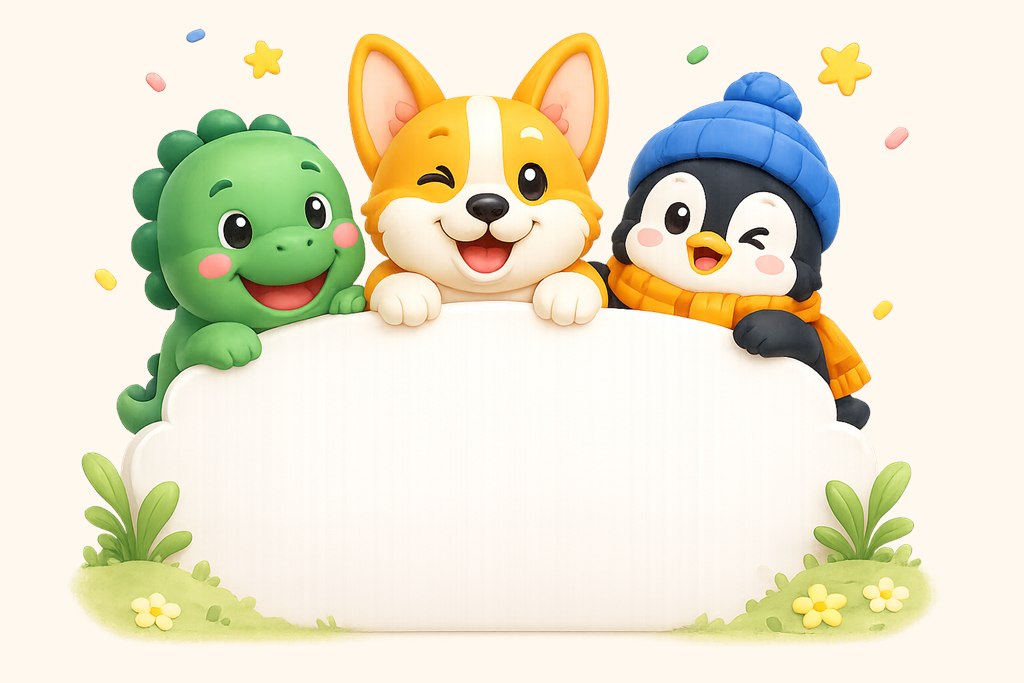 WordMates’in dinozor, köpek ve penguen karakterleri birlikte gülümsüyor